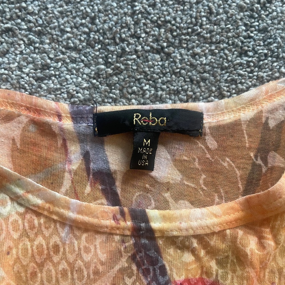 Y2K Alt Womens Reba Long Sleeve Top M Orange Pink Floral Rhinestone Sheer Boho - Picture 3 of 5
